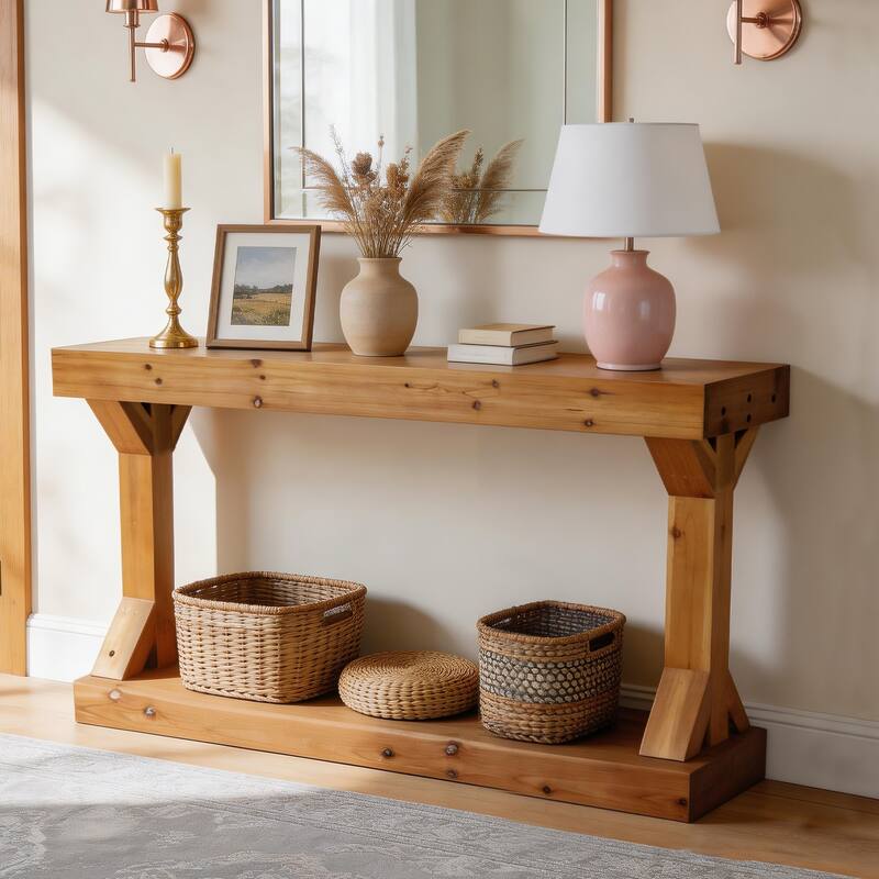 Solid Wood Console Table With Storage Shelf Farmhouse Wooden Entryway Sofa Table Behind Couch