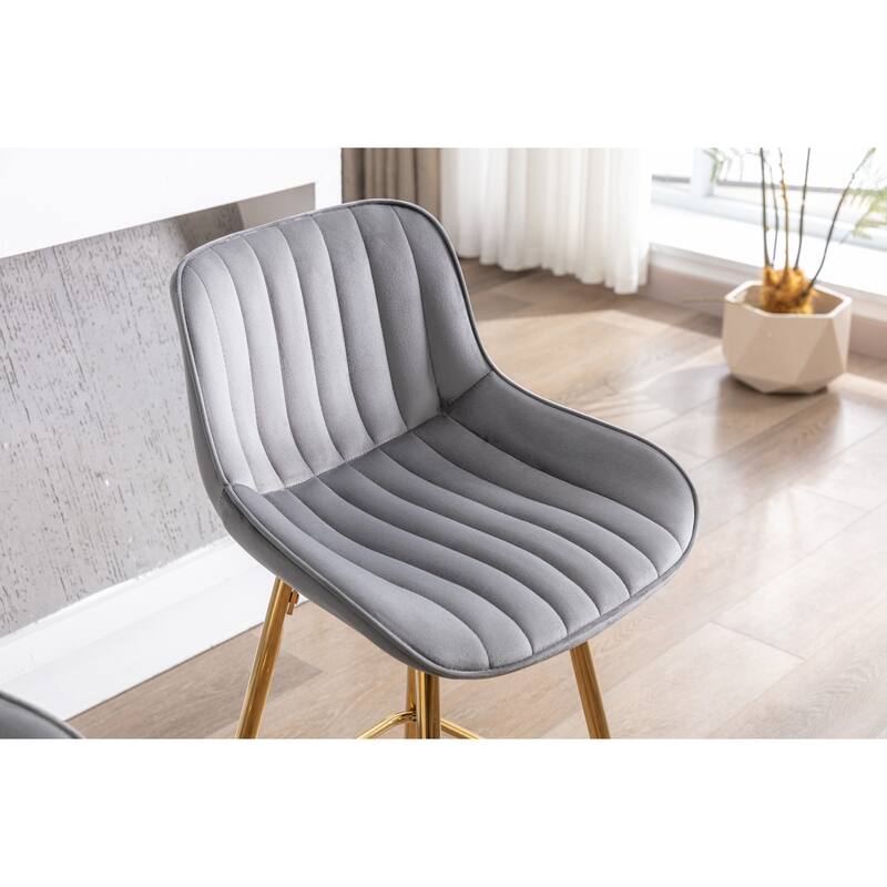 2 Bar Stools with Chrome Footrest Velvet Fabric Counter Stool Golden Leg Simple Bar Stool - N/A