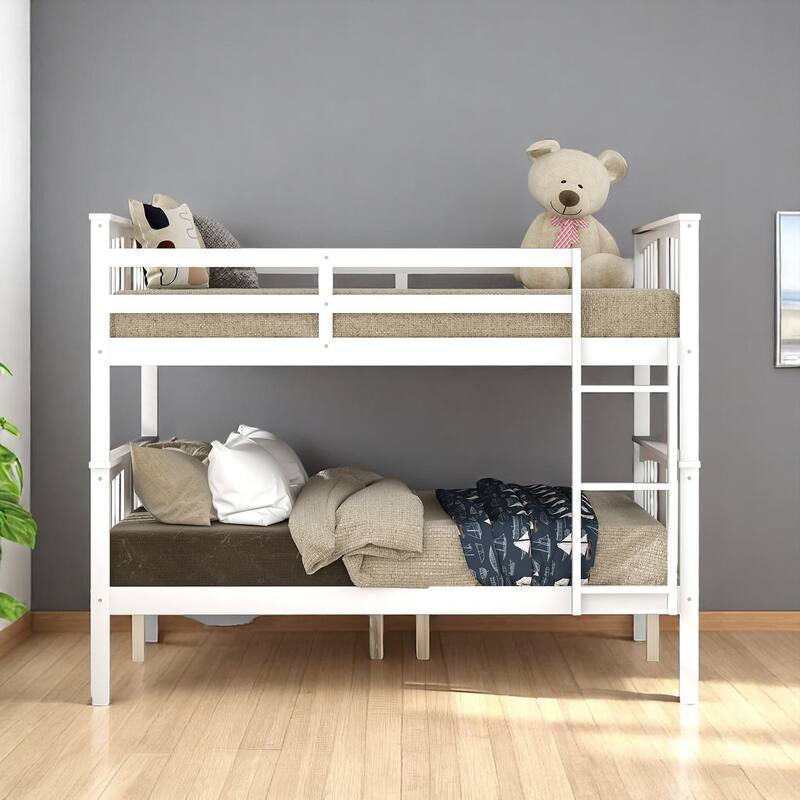 Full Over Full Bunk Bed with Convertible Design, Wooden Frame with Guardrails, No Box Spring Required,Guest Room Furniture - WHITE