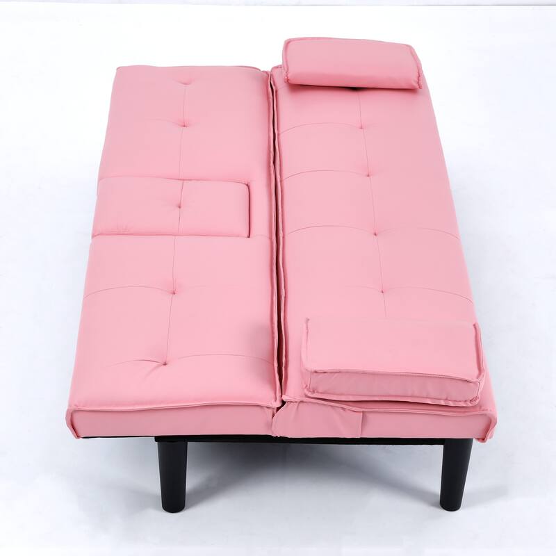 The 67-inch black PVC multi-functional sofa bed with a foldable and cup holder design