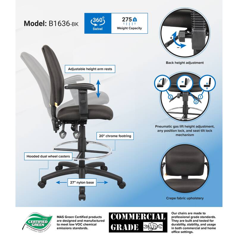 Boss Multi-Function Drafting Stool with Adjustable Arms