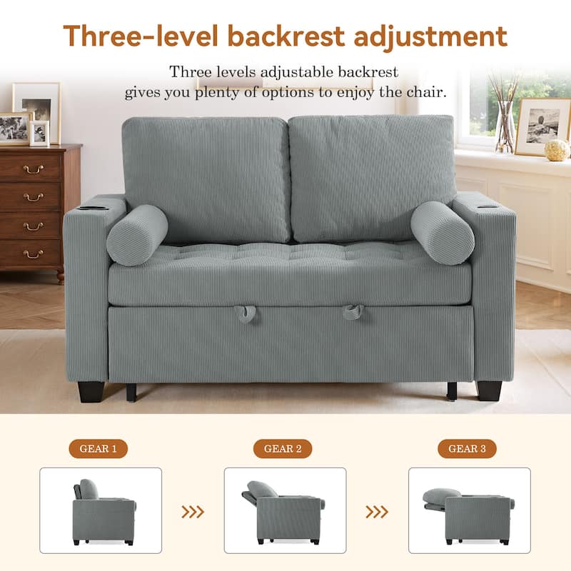 2 Set Corduroy Convertible Sleeper Sofa Bed Loveseats with Cup Holder, USB Ports & Storage