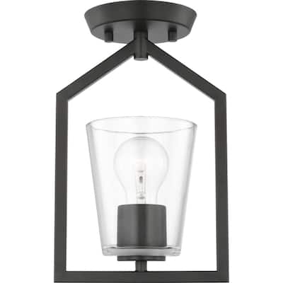 Vertex Collection One-Light Matte Black Clear Glass Contemporary Semi-Flush Mount with - 7.37 in x 5 in x 11.62 in