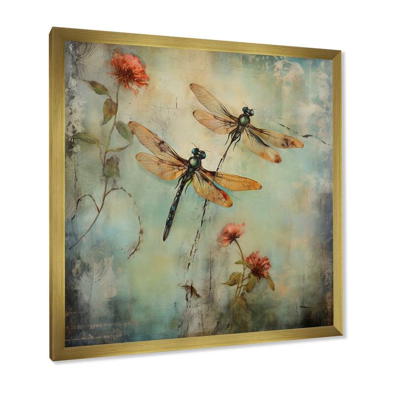 Designart "Vintage Painting Of Dragonfly Flying" Animals Dragonfly Framed Canvas Prints
