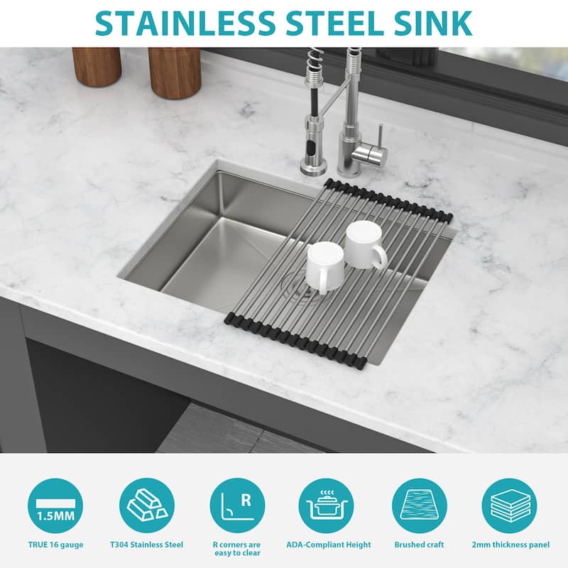 Kitchen Sink, 23 Inch Undermount Sink 5.5-Inch Single Bowl 16 Gauge Stainless Steel 23x18x5.5 Inch Handmade Sinks Basin