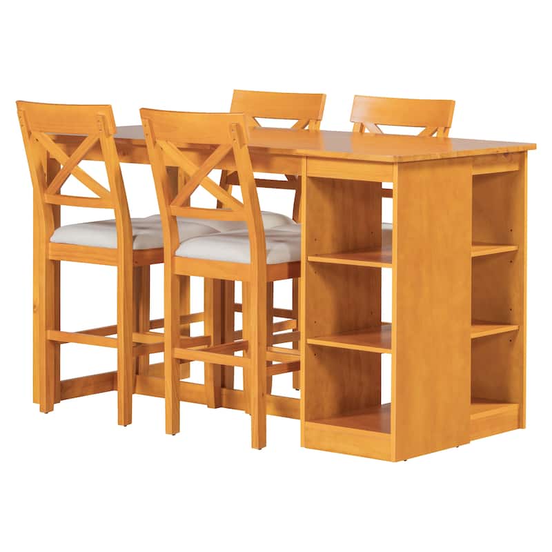 60"x30" Solid Wood Farmhouse 5-Piece Dining Set with Storage Shelves & Counter-Height Table, 4 Upholstered Chairs