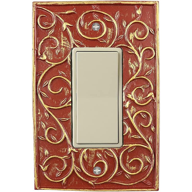 Meriville French Scroll 1 Rocker Wallplate, Single Switch Electrical Cover Plate - Parisian Red With Gold