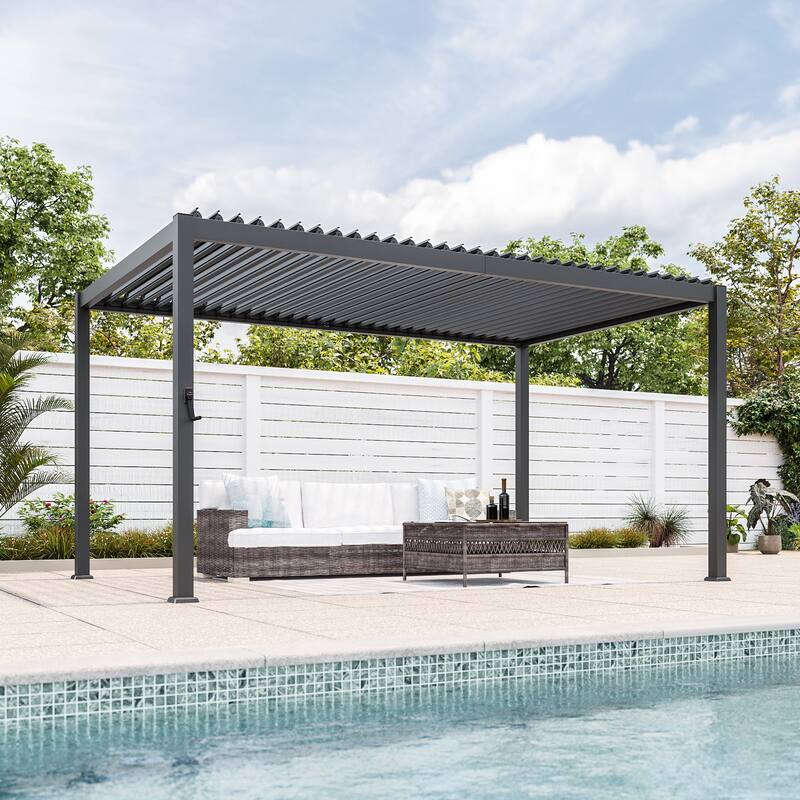 Aluminum Steel Pergola, Outdoor Pergola with Adjustable Roof - 9x14FT - Grey