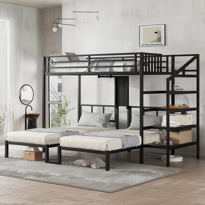 Twin over Twin & Twin Bunk Beds for 3, Twin XL over Twin & Twin Bunk Bed Metal Triple Bunk Bed with Desk & Shelves