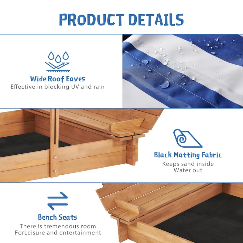 Kids Sandbox with Adjustable Cover, 46" Wooden Sand Box with 2 Foldable Bench Seats, Outdoor Sandpit for Backyard Play