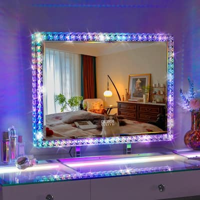 VANITII GLOBAL Vanity Makeup Mirror With RGB Lights 32'' x 24'' LED Diamond Bluetooth Speaker Wall Mount For Bedroom Decor