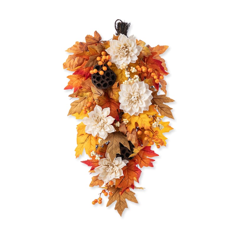 Glitzhome 26"H Fall Sunflower Pumpkin Lotus Leaf Teardrop Swag Wreath Thanksgiving