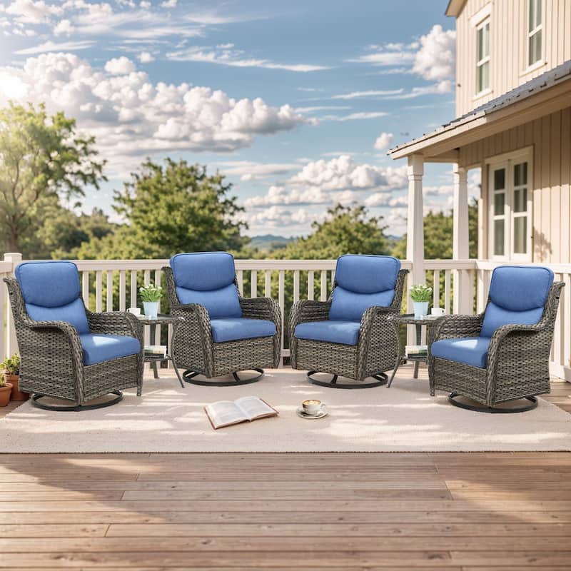 Outdoor Gliders Swivel Chairs Patio Chairs with 5-Inch Thick Cushions - Grey Rattan - Blue Cushion - 6PCS Glider Chairs with Table