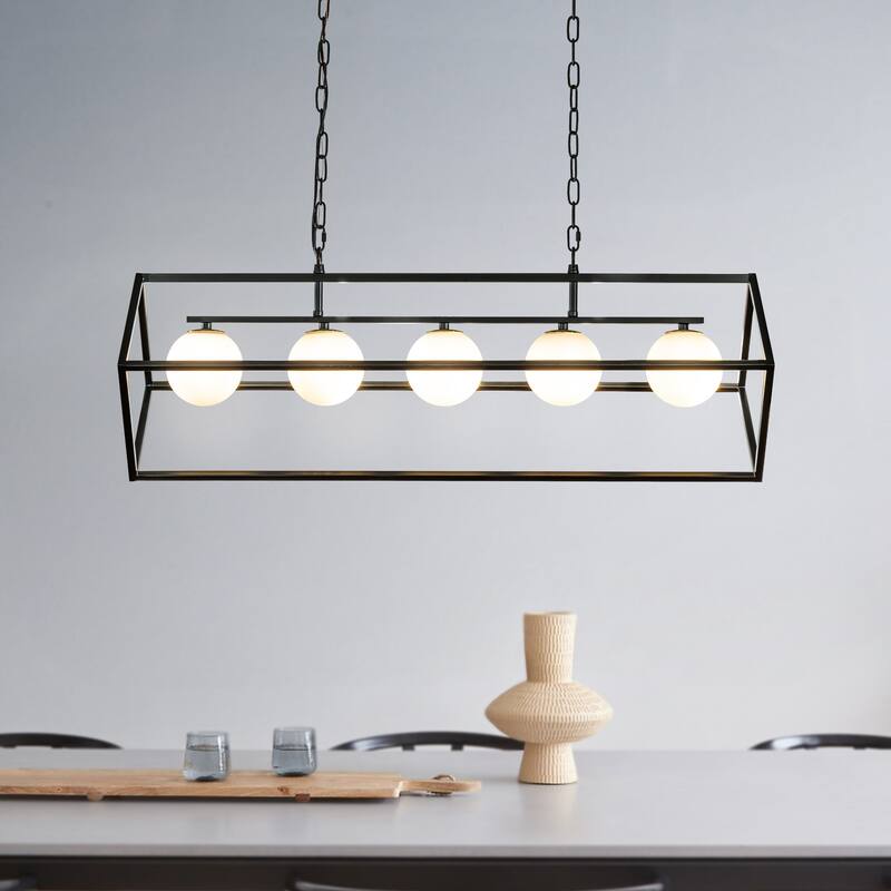 CraftHome 5-Light Matte Black Modern Industrial Linear Chandelier White Glass Pendant Fixture for Kitchen Island Lighting Decor - W:38" - Matte Black