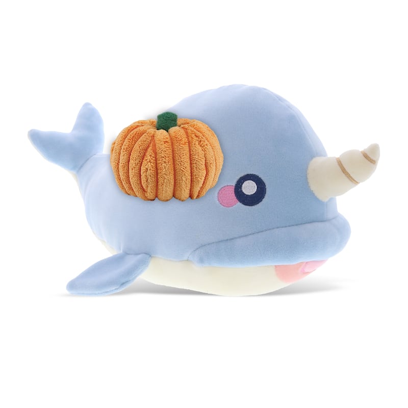 DolliBu Baby Soft Blue Narwhal Stuffed Animal with Pumpkin Decor - 11.75 inches