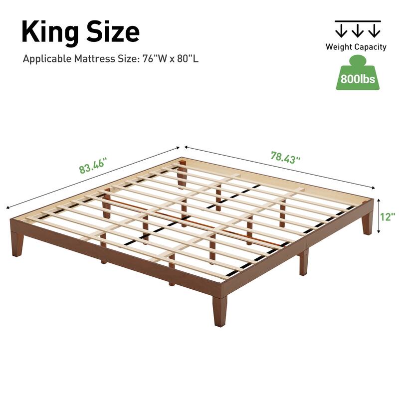 12" Wood Platform Bed Frame - California King, No Box Spring, Easy Assembly​