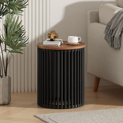Roomfitters Round Table with Walnut Top and Vertical Slatted Black Base, Modern Accent Table, Walnut+Black