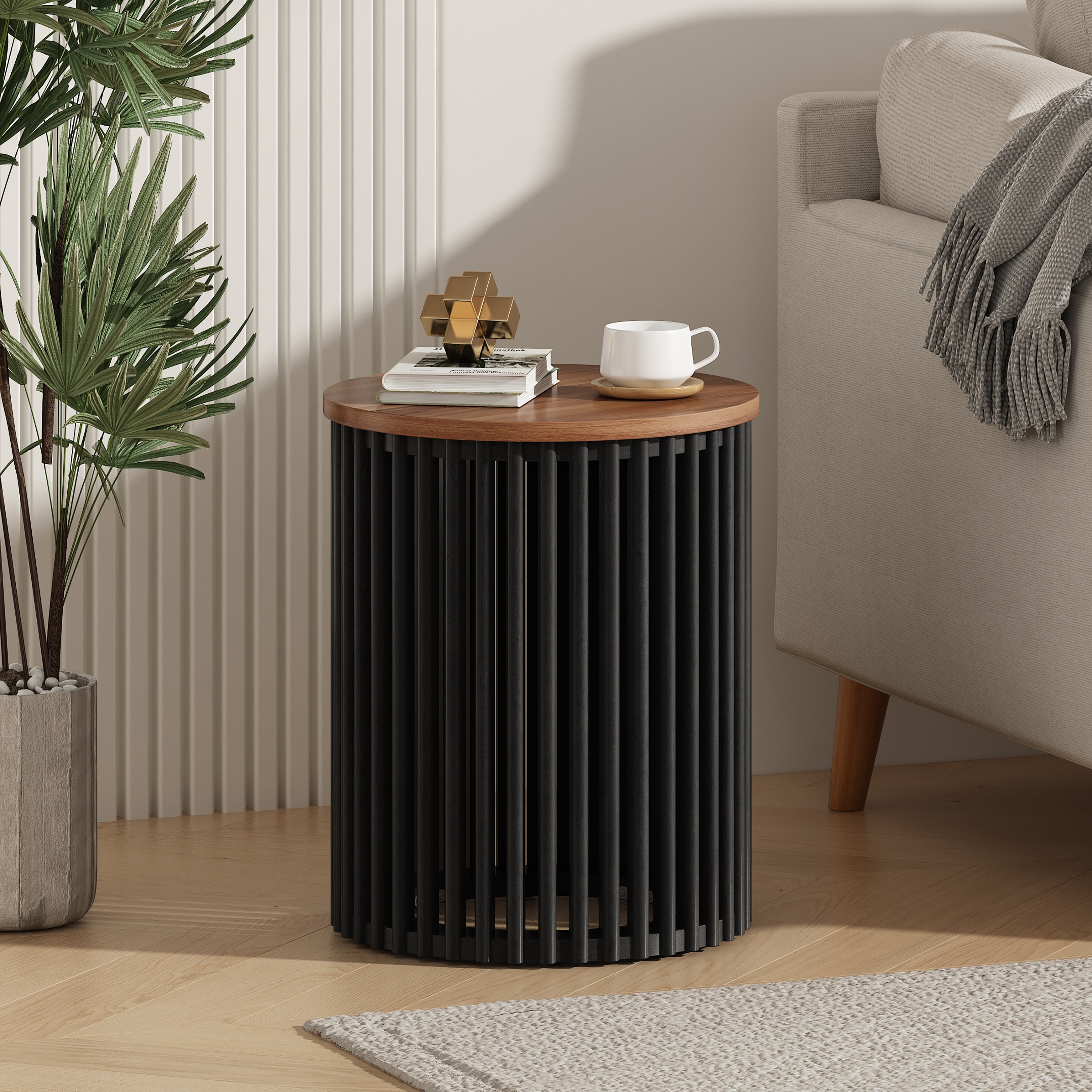 Roomfitters Round Table with Walnut Top and Vertical Slatted Black Base, Modern Accent Table, Walnut+Black