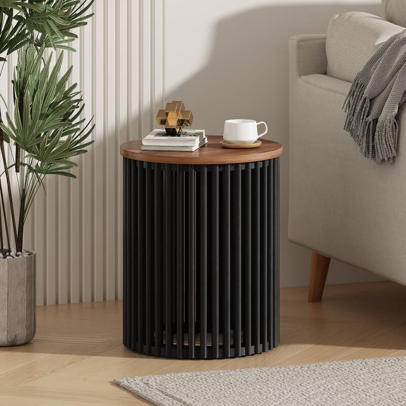 Vertical Hollow-out Side Table Round Acacia Solid Wood End Table - Black
