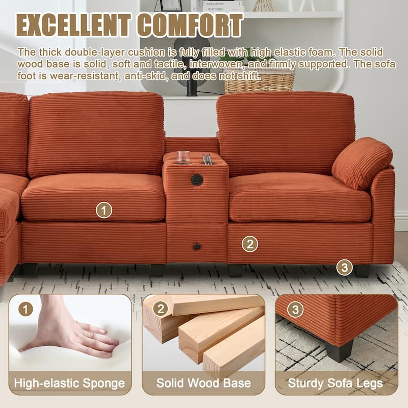 HOMEFUN Corduroy Upholstered L-Shaped 4-seater Storage Multifunctional Sectional Sofa with Storage Ottoman,Cup Holder and USB