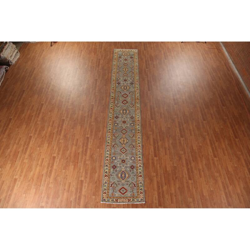 Geometric Kazak Runner Rug Handmade Grey Wool Carpet - 2'8" x 16'3"