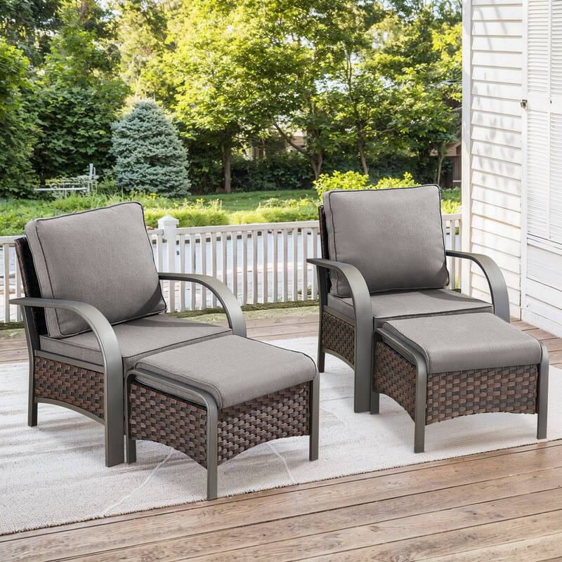 Outside Patio Wicker Chair Funitre Set - Brown Rattan - Grey Cushion - 4PCS Patio Chair with Ottoman