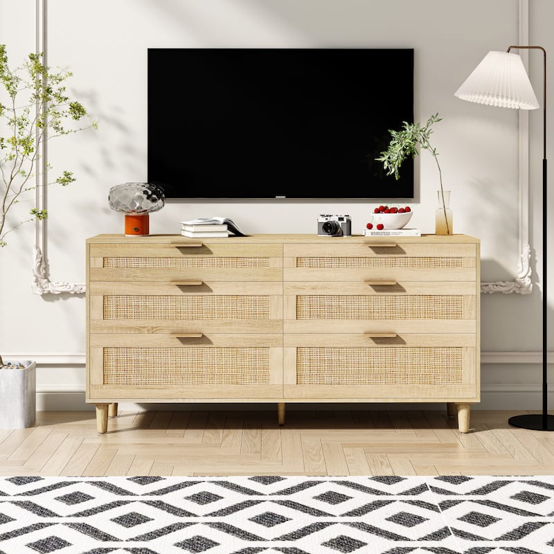 6 Drawers Rattan Dresser, Wooden Storage Wardrobe Dresser, Floor Standing Storage Cabinet with Metal Handle & Wood Legs - Natural