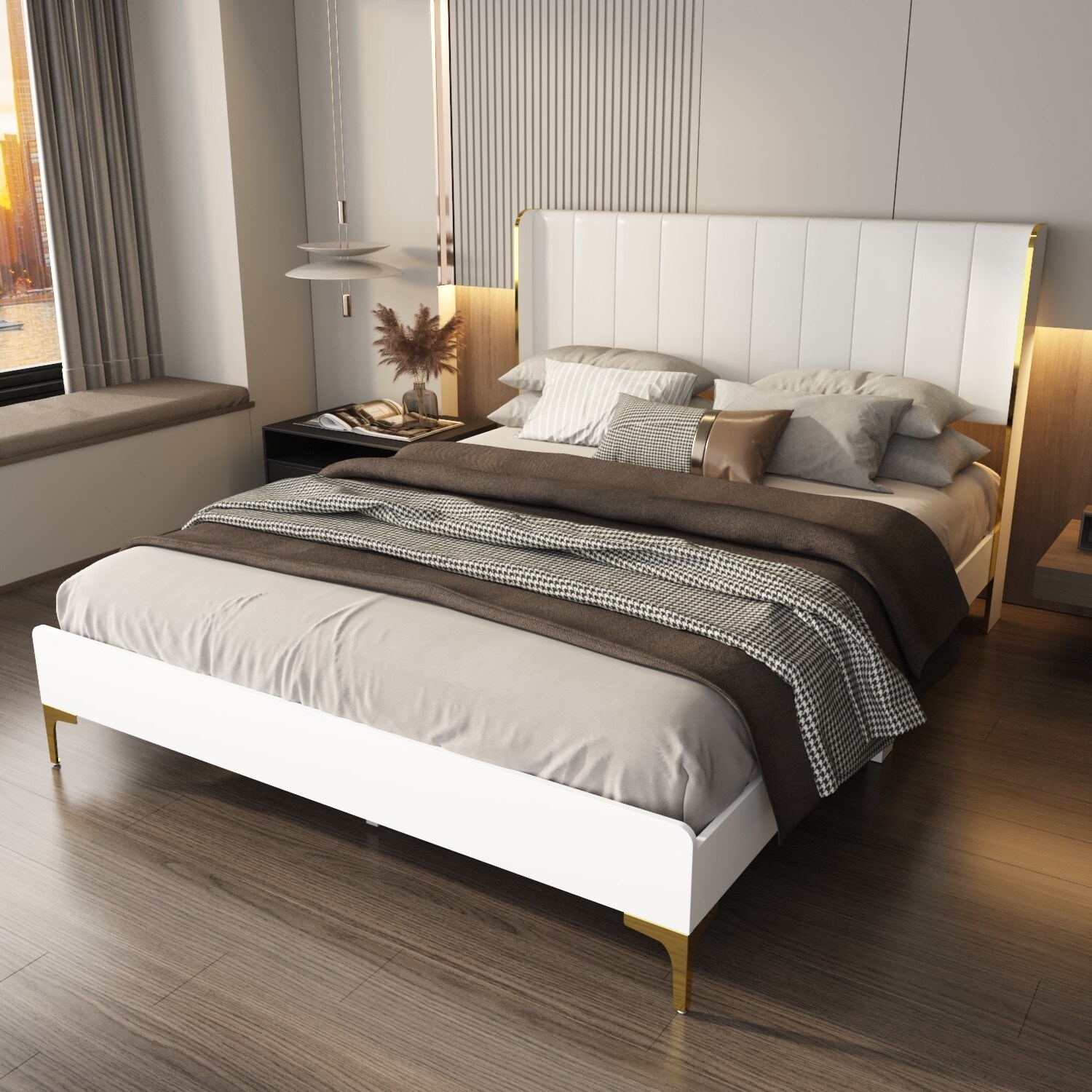 ベッドフレーム White bed frame Amazon.com: CXVX King Size Bed Frame with Headboard