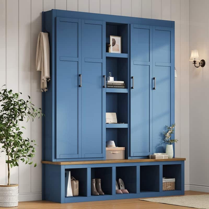 Farmhouse 4-in-1 Hall Tree with 6 Hanging Hooks, Mudroom Wood Grain Bench with Open Compartments - Blue