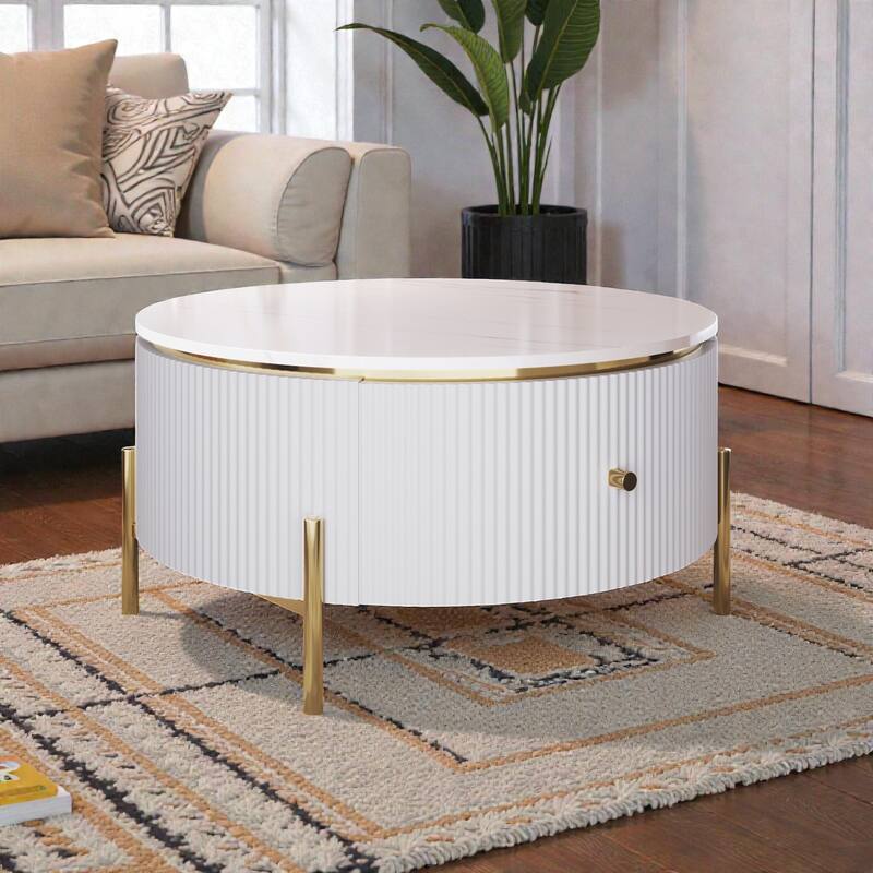 Modern Round Coffee Table with 2 Large Drawers, Marble Pattern MDF Top and Gold Metal Legs