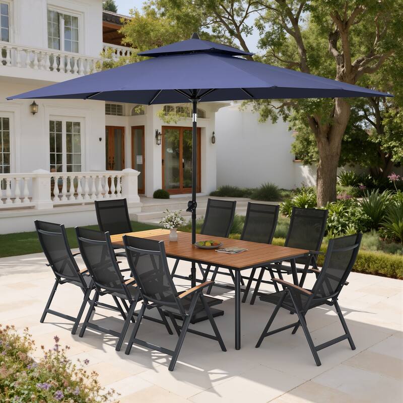 11PC Outdoor Patio Dining Set Aluminum Table with Folding Armchairs w/ Market Umbrella Sets - BrownTable&BlackChairs&NavyBlueUmbrella