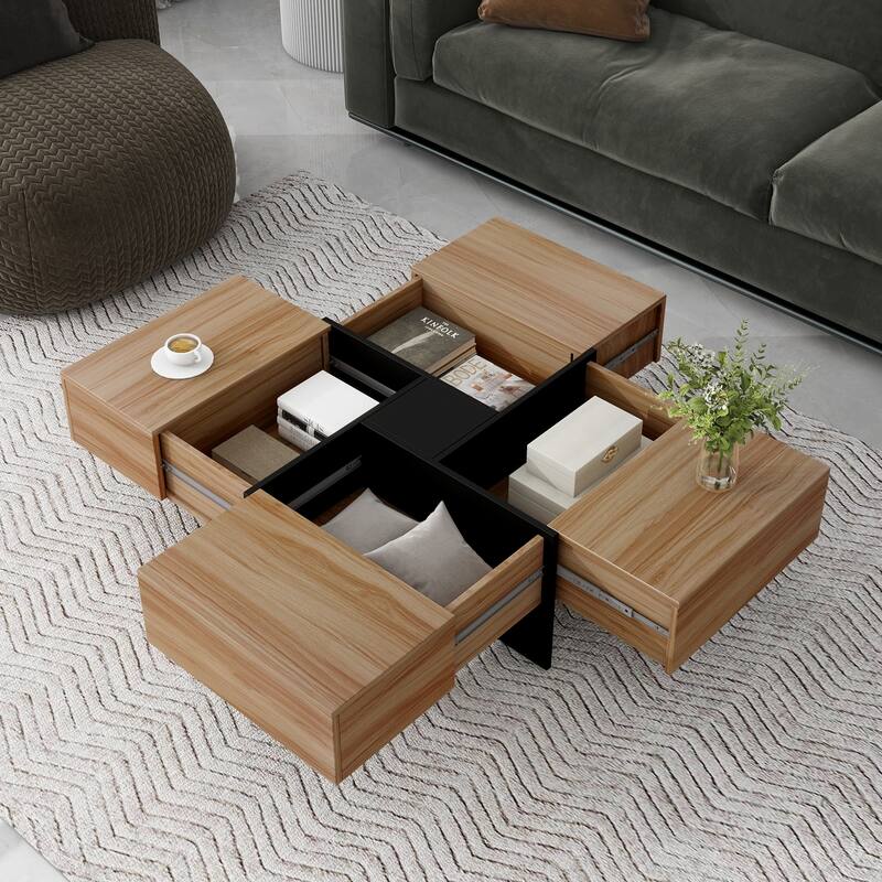 Stylish Coffee Table with 4 Storage Compartments and Extendable Sliding Top, for Living Room, 31.5 inches x 31.5 inches - Bown