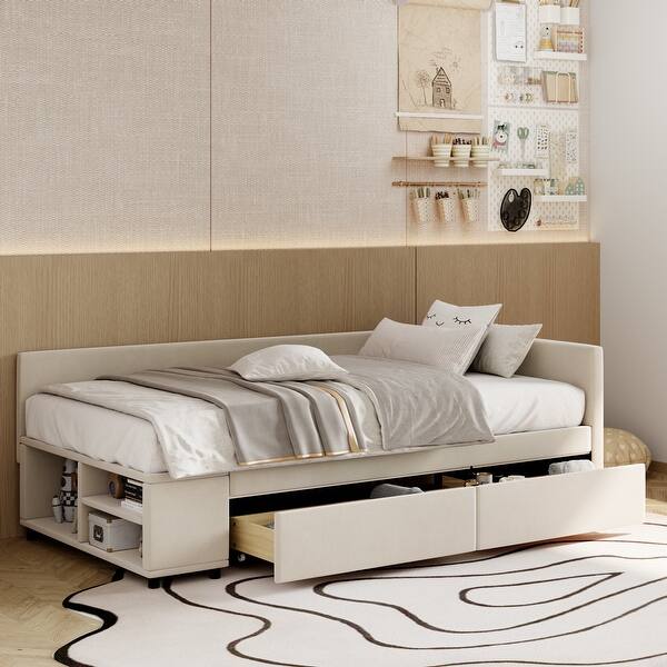 slide 2 of 16, Twin Upholstered Platform Bed with Plush Headboard, L-Shaped Design Beige - Queen