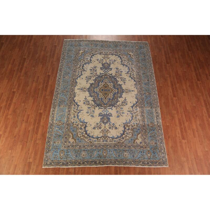 Traditional Beige Tabriz Persian Rug Handmade Wool Carpet - 7'6"x 10'10"