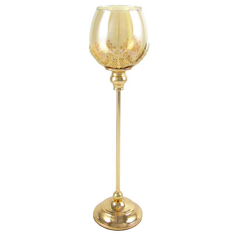 Gold Glass Leaf Goblet Votive Cup Candle Holder Centerpiece - 19.5" H x 5" W x 5" DP - Gold