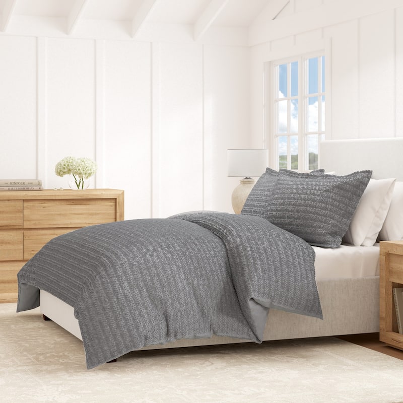 Linery & Co. 100% Cotton Reversible Honeycomb Waffle / Percale Duvet Cover Set - Grey - Queen