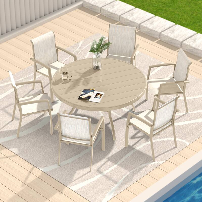 Outdoor Round Patio Dining Table for 6-7, All Weather Metal Dining Table with Umbrella Hole for Deck Lawn Garden Backyard