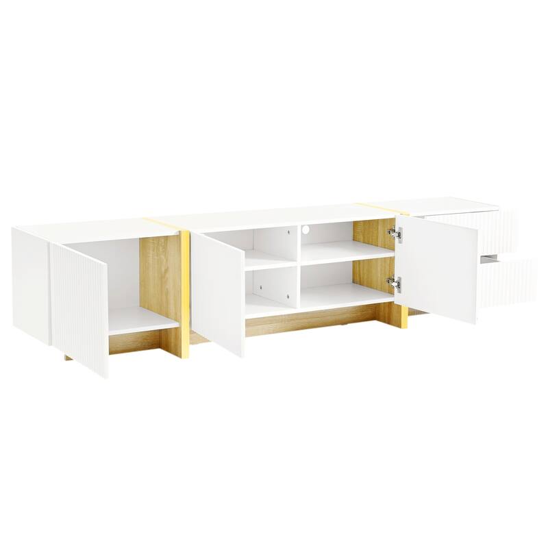 Modern Fluted TV Stand Luxury TV Stand with Storage Drawers and Gold Wood-Grain Legs, for Living Rooms, White