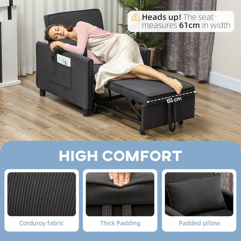 3-in-1 Lounge Chair Recliner Sofa Bed with Corduroy Upholstery and Storage Pockets for Adults - 29.1" W x 33.1" D x 31.9" H