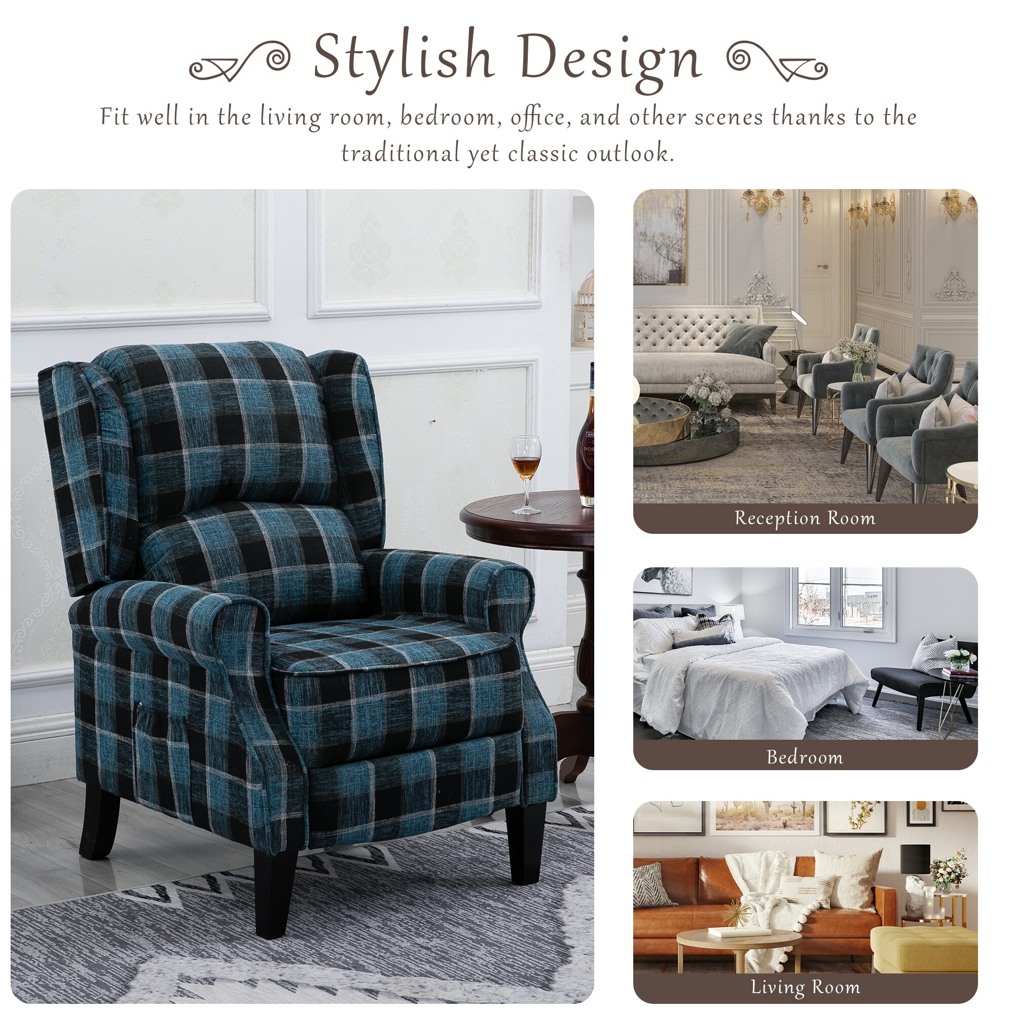 Blue Check Vintage Recliner Chair Leisure Chair Armchair Sofa