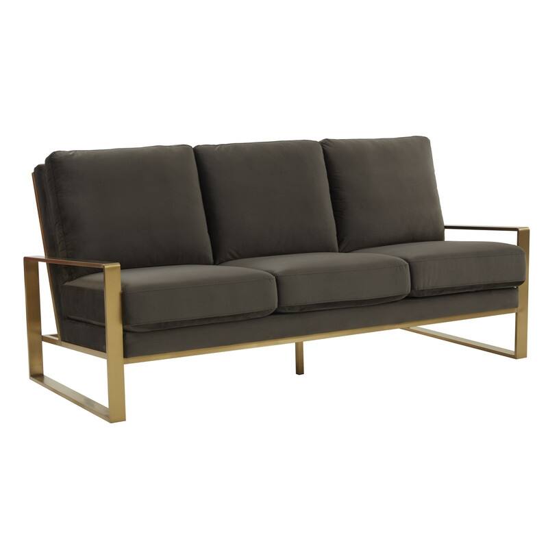 Jefferson Velvet or Leather 3 Seater Sofa in Brushed Gold Steel Base with Removable Cushion Couch for Living Rooms or Offices.