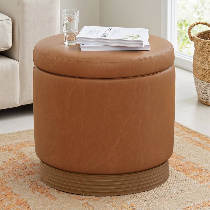 Round Swivel Storage Ottoman Footstool with Flip-top and Acacia Frame