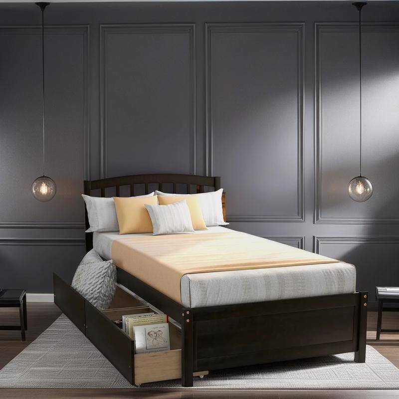 Twin Platform Storage Bed Wood Bed Frame with Two Drawers and Headboard ...