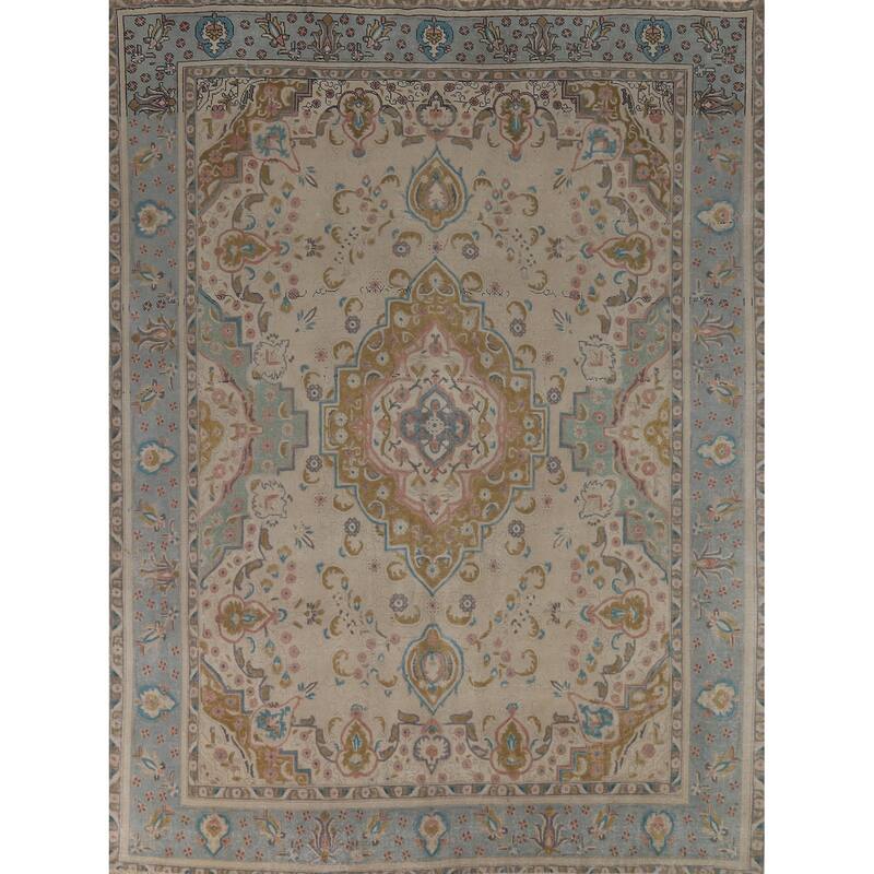 Hand Knotted Oriental 100% Wool Carpet Traditional Floral Beige & Ivories Tabriz Area Rug - 11' 6'' X 9' 7''