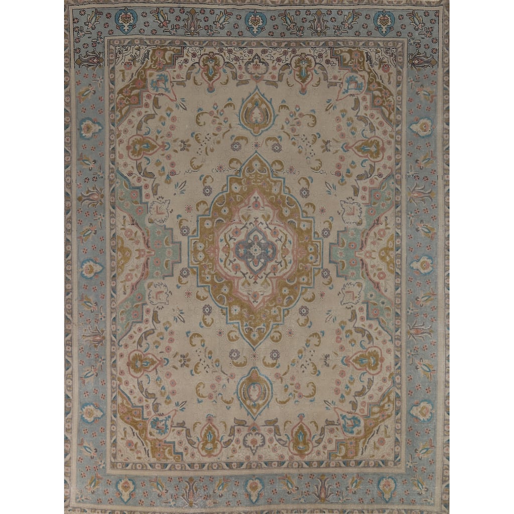 Hand Knotted Oriental 100% Wool Carpet Traditional Floral Beige & Ivories Tabriz Area Rug - 11' 6'' X 9' 7''