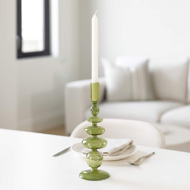 Sculptural Glass Candle Holder with Rounded Accent Base - Modern Tabletop Candle Holder for Any Room - 4" x 4" x 11" - Olive