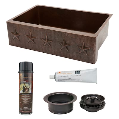 33-in Hammered Copper Kitchen Apron Single Basin Sink w/ Star Design with Matching Drain and Accessories (KSP3_KASDB33229ST)