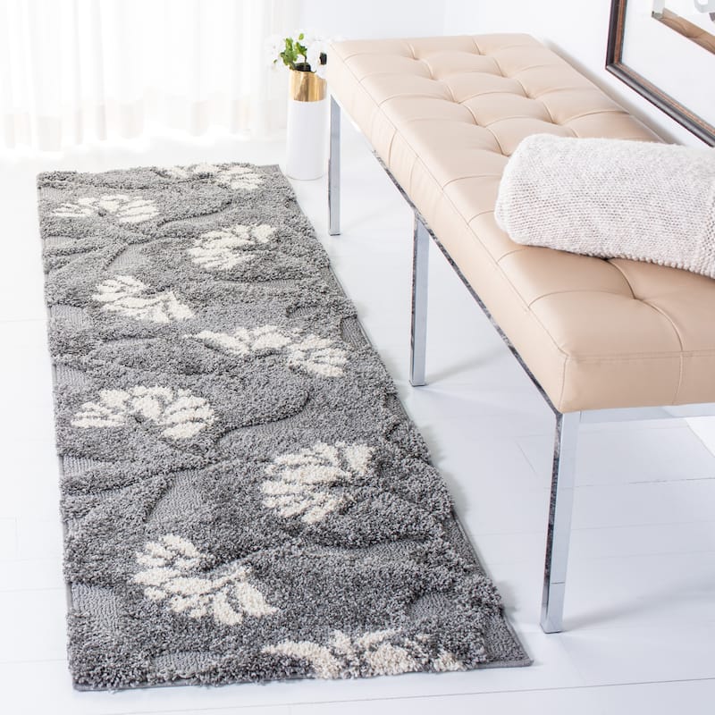 SAFAVIEH Florida Shag Neliha Floral 1.2-inch Thick Rug - 2'3" x 7' Runner - Grey/Beige - Runner