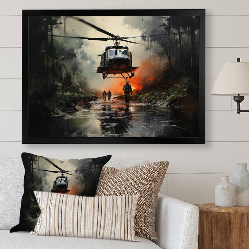 Designart "Military Helicopter In Vietnam War" Military Framed Wall Art Living Room - Black - 32 in. wide x 24 in. high