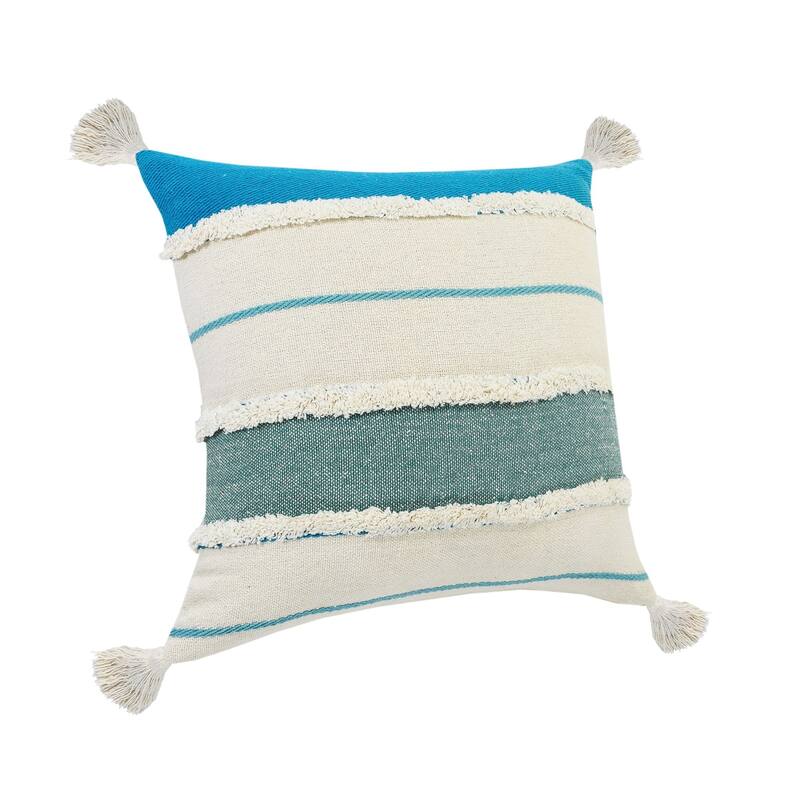 20" Turquoise and White Striped Hand Loomed Square Throw Pillow